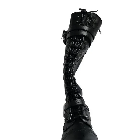 Illude Ladies Timberly Black Knee High Lace Up Buckle Military Boots - Size 7 - Picture 3 of 9